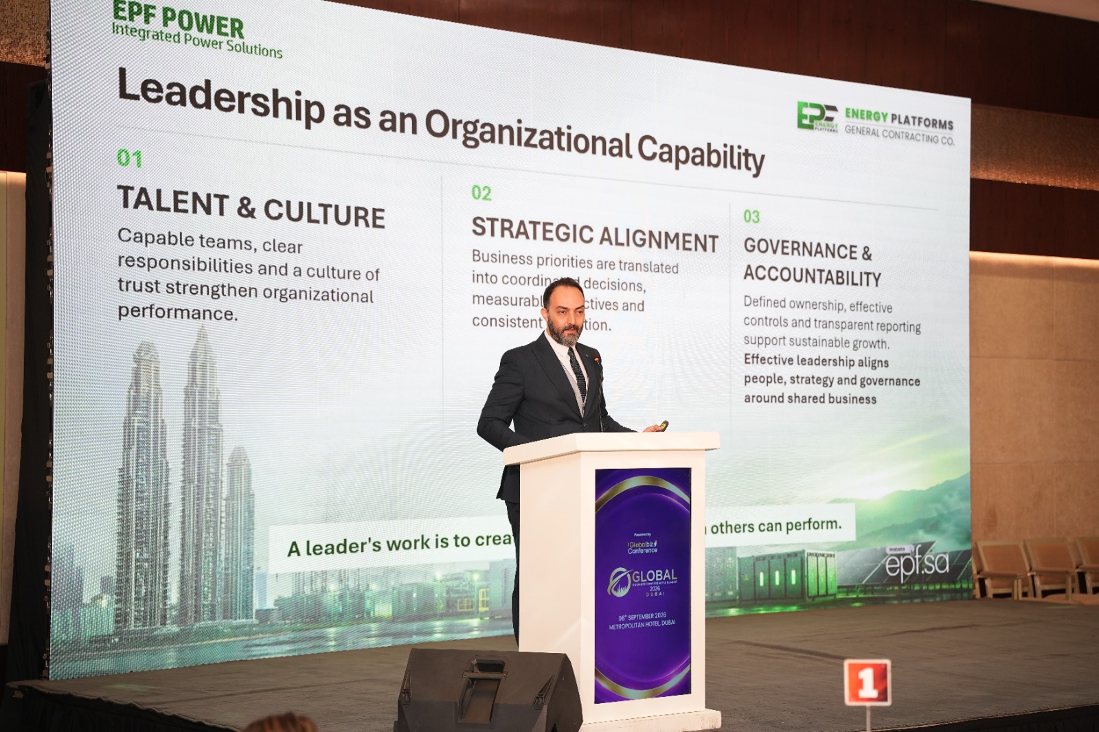Laith Al Momani presenting EPF's organizational leadership approach